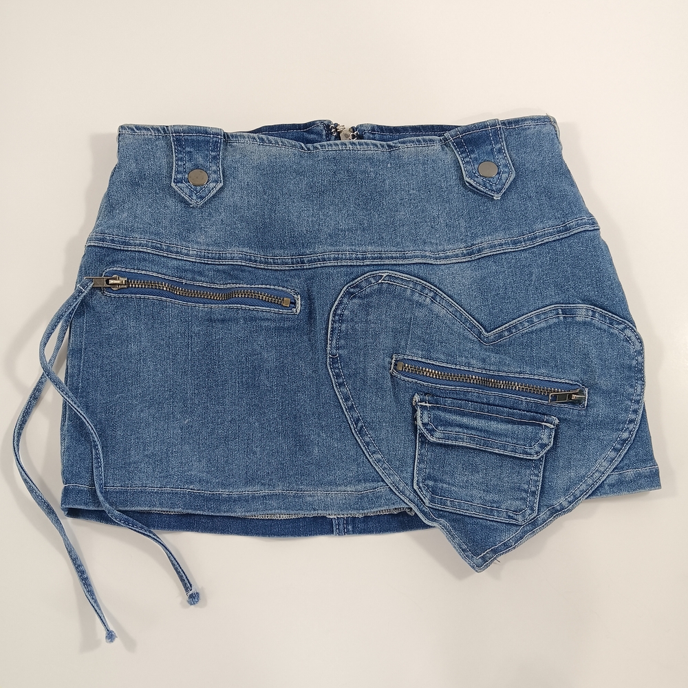 Fashion Nova Blue Denim Mini Skirt with Heart Detail